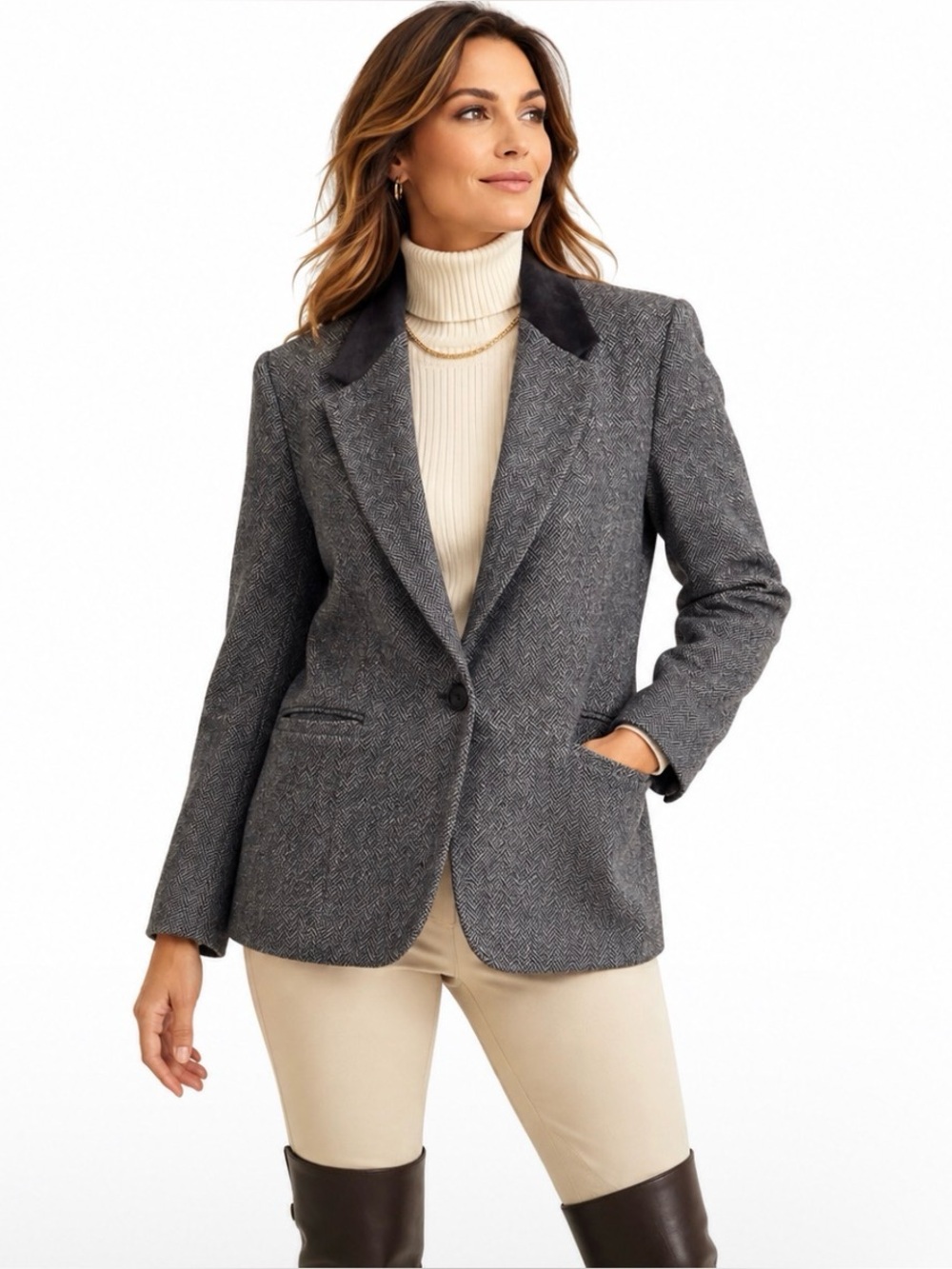 VTG White Stag Wool Herringbone Blazer 14 Suede Collar Tweed Equestrian Academia